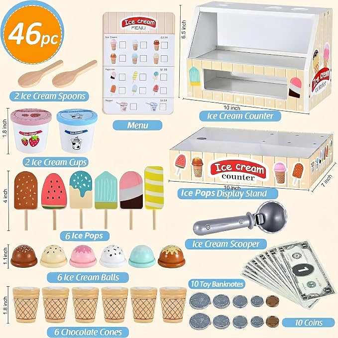 WHOHOLL Wooden Ice Cream Toys Kids Play Store Pretend Toy for Toddlers, Play Kitchen Accessories with Scoop, Menu, Ice Cream Play Set Birthday for 3 4 5 6 Year Old Girls Boys