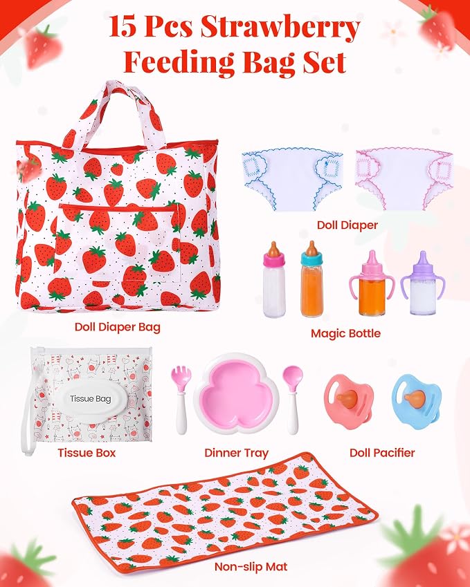 BABESIDE 14 Pcs Baby Doll Accessories with Magic Bottles, Baby Doll Diaper Bag Set Includes Changing Mat, Diapers and Bottle with Disappearing Milk for 12-16 Inches Dolls Kids Gift