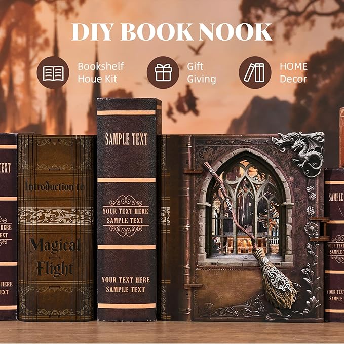 Introduction to Magical Flight Bookend, Openable Door Design with LED Light, DIY 3D Wooden Puzzle Assembly Decor, Vintage Magical Scenery Desktop Ornament for Home Shelf Decoration