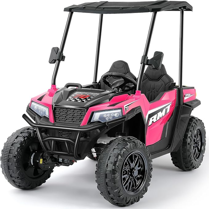 ELEMARA 24V Ride on Toy for Big Kids,Ride on Car 2 Seater w/Sun Shade,Dump Bed & Shovel,4.5MPH,4WD Electric Car for Kids,Battery Car w/Remote,Kids Ride on Truck,3 Speeds,LED Lights,Bluetooth, Pink