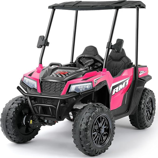 ELEMARA 24V Ride on Toy for Big Kids,Ride on Car 2 Seater w/Sun Shade,Dump Bed & Shovel,4.5MPH,4WD Electric Car for Kids,Battery Car w/Remote,Kids Ride on Truck,3 Speeds,LED Lights,Bluetooth, Pink