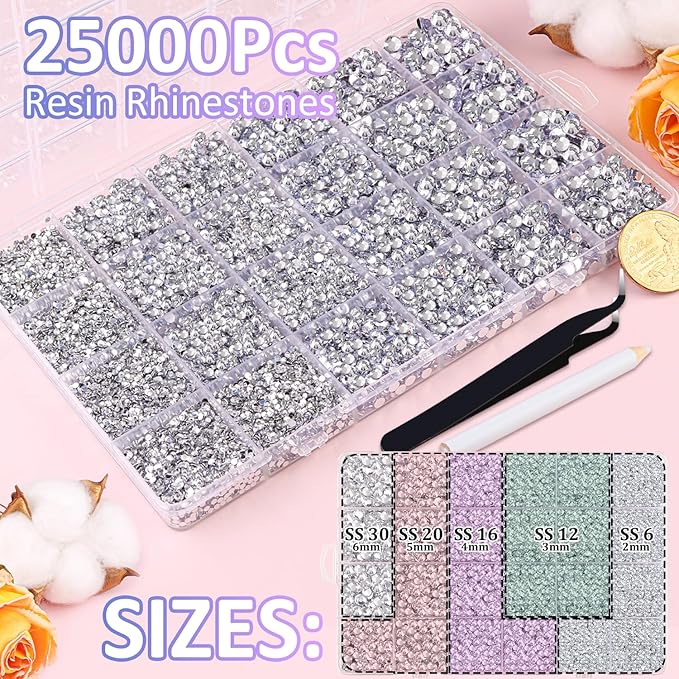 25000Pcs Resin Rhinestones for Crafting, Clear 2-6mm Mixed Sizes Non Hotfix Flatback Gems with 1Pcs Glue, Bedazzling Crystal for DIY Craft Clothing Mugs Tumblers Shoes Fabric Decor Nail Art