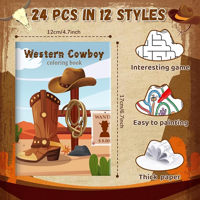 BenLouis 24 Pcs Western Cowboy Mini Coloring Books Kids Wild West Party Favors Small Activity Books Bulk for Kids Yee Haw Rodeo Horse Birthday Horse Goodie Bags Stuffers Return Gifts Classroom Travel