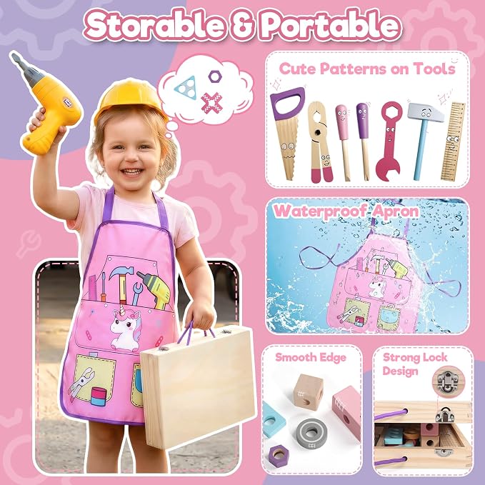 TONZE Wooden Kids Tool Set with Drill 44Pcs Montessori Toys for 3 Year Old Girl, Educational STEM Toys Toddler Tool Set with Apron & Box Birthday Gifts for 3 4 5 6 Year Old Girls (Pink)