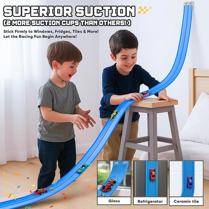 15.75 Ft Flex Track for Kids, Flexible Race Track Compatible with Hot Wheels and Diecast 1/64th Cars, Roll-Up Portable Race Car Ramp Track with Suction Cups & Track Anchors & 4 Race Cars, Blue