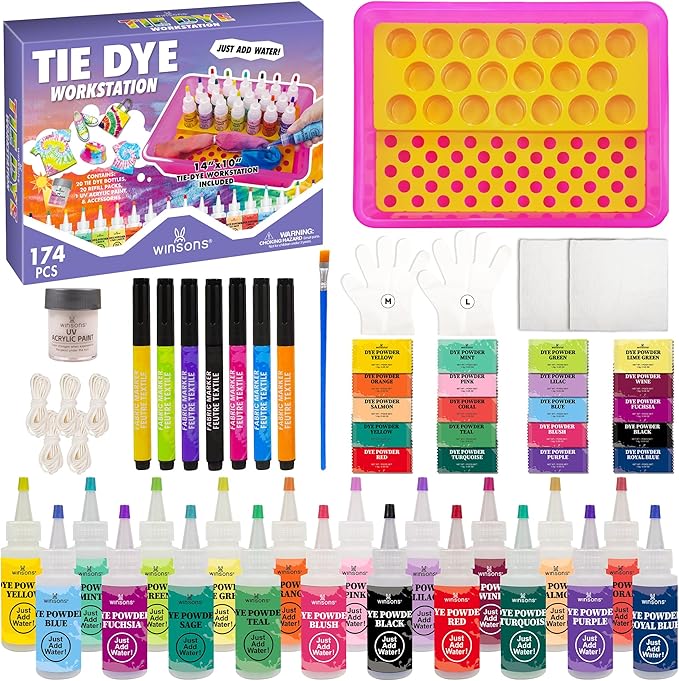 20 Colors Tie Dye Kit, 174 PCS Tie Dye Set Including 20 Pre-Filled Tye Dye Bottles, 1 Tie Dye Workstation, 7 Set Fabric Markers, Non Toxic Permanent Fabric Dye Art Set- Perfect for Family & Party Fun