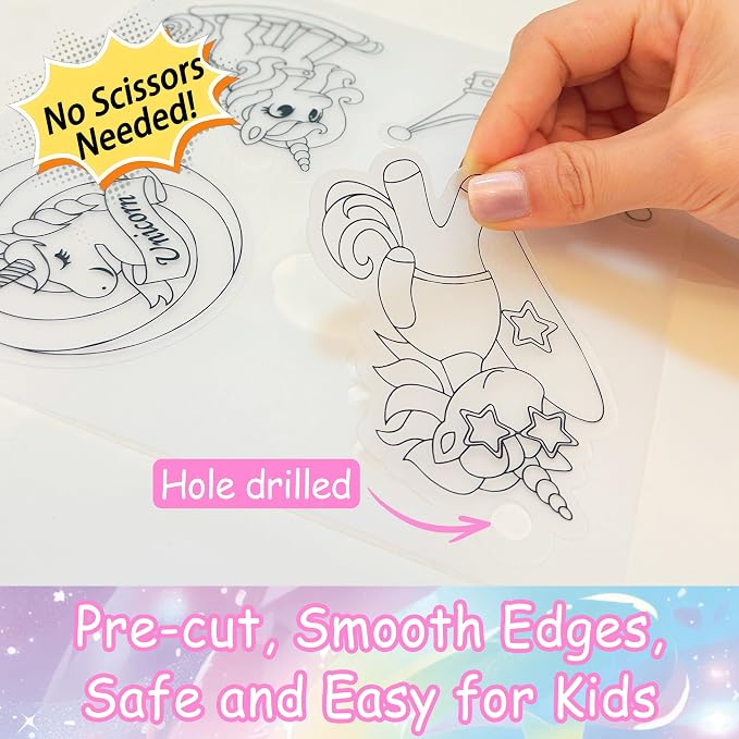 Vicentorra Shrinky Dink Sheets Keychain Making Kit with 12 Markers, 24 Pre-Cut Unicorn Plastic Charms, 24 Ball Chains, No Mess Art & Crafts Kits for Kids, 6+ Year Old Girl Birthday Gift Nice Packaging