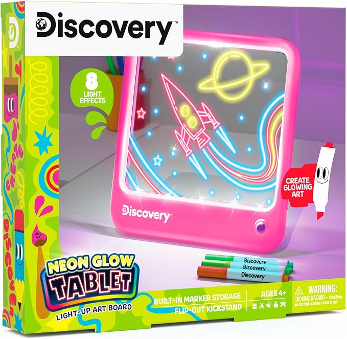 Discovery Neon Glow Drawing Board - LED Drawing Tablet for Kids| 8 Light Effects, 3 Washable Markers| Doodle Board Sketch Pad Art Kit| Built-in Storage & Display| Arts & Crafts Toy| Boys & Girls Gift