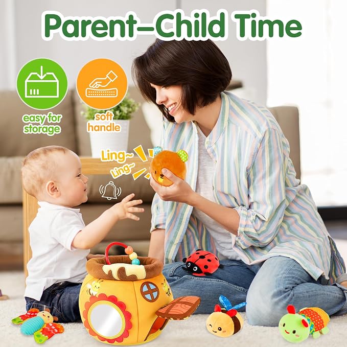 Baby Toys 6-12 Months - Soft Beehive with 5 Stuffed Animals, Rattle, Crinkle, Mirror, Montessori Sensory Toys for Babies 6 7 8 9 10 Month Old Boy Girl 1 Year Old Birthday Shower Gifts Toddler Ages 0-2