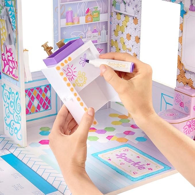 Rainbow High Color & Play 3-Story Doll House, Design All Walls & Floors with Washable Markers, Wood Playset Includes Toy Furniture and Accessories, Gift for Kids 4+