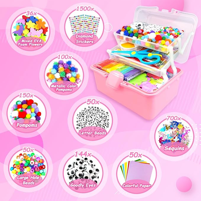 3000 Arts and Crafts Supplies for Kids Craft Kit Craft Box with Pipe Cleaners Arts and Crafts for Kids Age 4-6, 6-8, 8-12 DIY School Supplies Materials Set Toys Gifts for Girls Boys Toddlers, Red