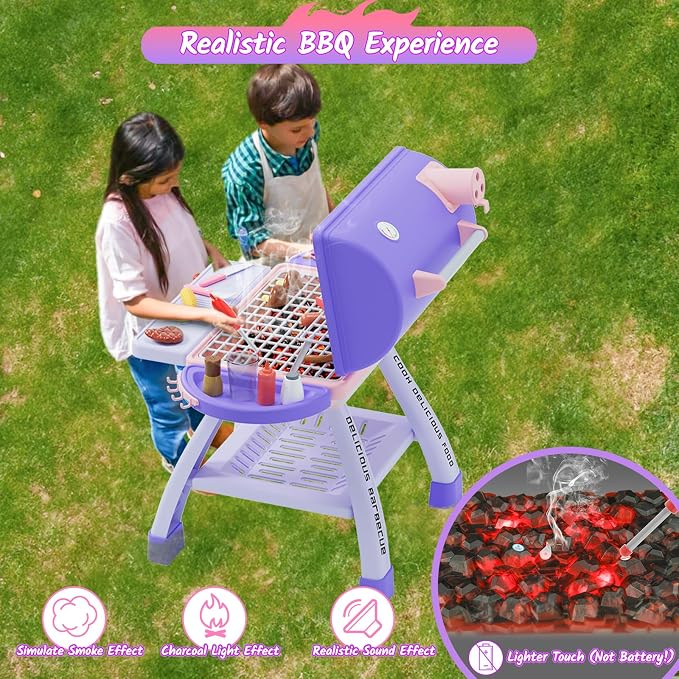 Kids BBQ Grill Playset with Sound Light&Realistic Smoke, Toddler Kitchen Barbecue Toy Game, Outdoor Backyard Pretend Play Grill for Girls Boys, Play Food Cooking Set, Christmas Birthday Gift for 3-5
