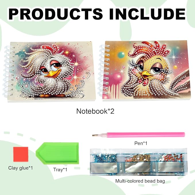 Formeydemi 2 Pcs Chicken Diamond Painting Notebook 80 Pages for Adults,Diamond Art Journal and DIY Sketchbook, Diamonds Art Kit Supplies,Gift for Beginners, Craft Lovers, Artists. (Chicken)