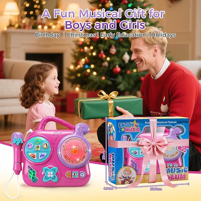 Kids Karaoke Machine with Microphone: Toddler Music Player & Light-Up Drum - Sound Toy with Handle for Boys Girls 3+, Pink