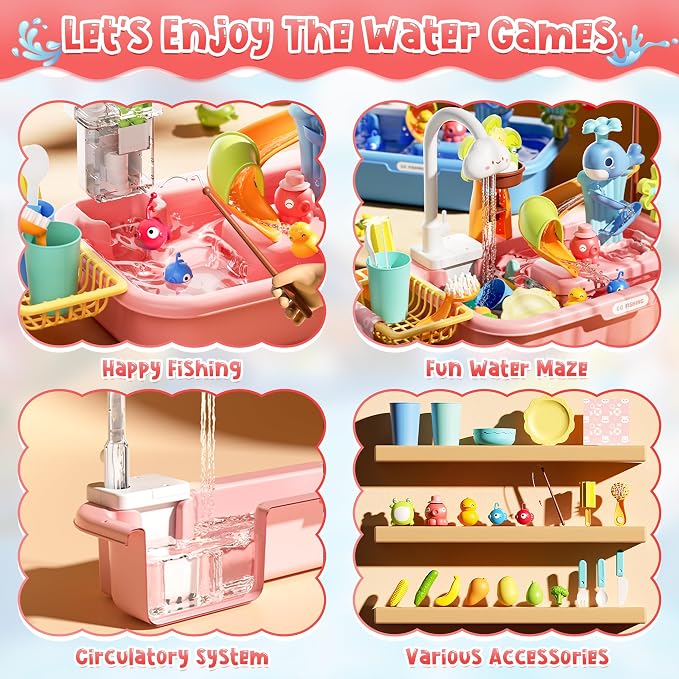 Upgraded Toddler Sand Water Table Toy with Electric Water Pump, Kids Sand Water with Faucet/Play Food Accessories/Fishing Toy, Kitchen Play Sink Toys for Girl Boy Age 3+ (Pink)