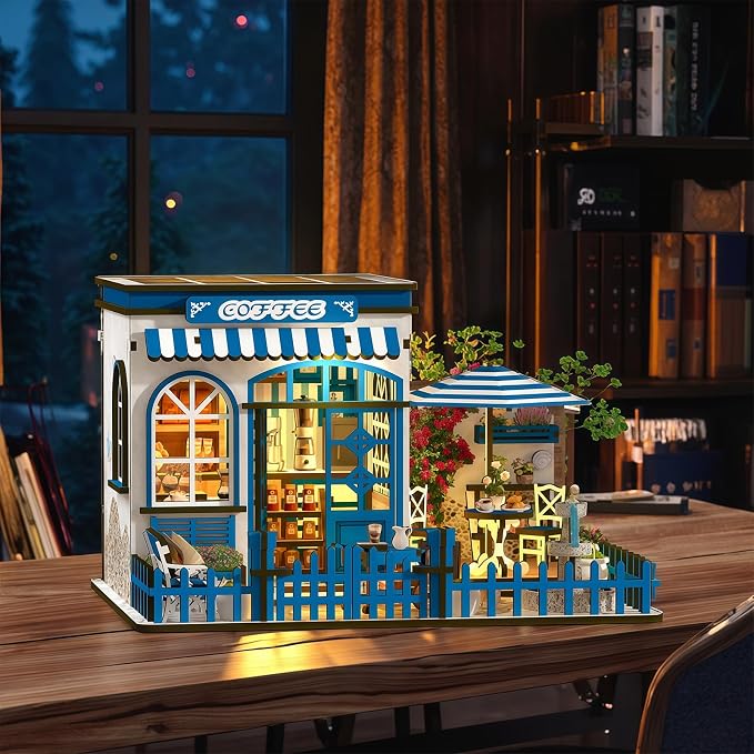 DIY Miniature House Kit, Coffee Shop Book Nook Kit, Mini Building Kit, Dollhouse Kit for Adults and Teens, 3D Wooden Puzzles with LED Light, Craft Kit for Family and Friends(Sunny Coffee Shop)