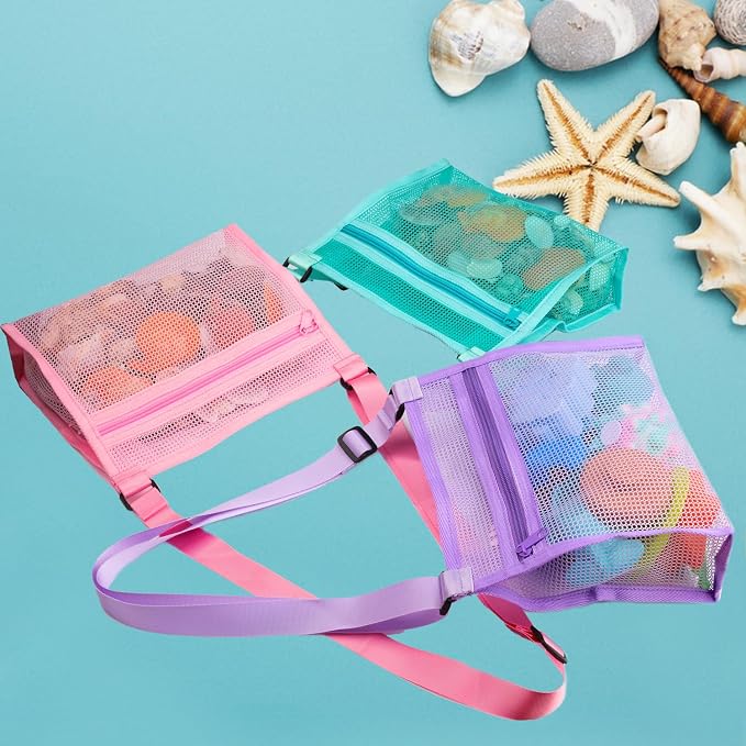 MUYIZI Mesh Beach Bag for Shells Collecting 3 Pack,Shell Bags for Beach, Sea Shell Bags for Picking Up Shells, Beach Shell Bag for Kids Sand Toys Swimming Accessories for Boys and Girls