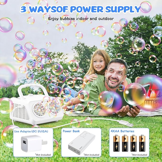 SHCKE Automatic Bubble Machine with 2 Fans,20000+ Bubbles/Min | Dual power USB-C/AA, No-Leak Sealed Bottle,Portable Bubble Maker for Pool, Wedding, Camping, Birthday Parties