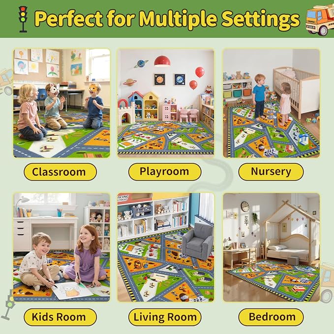 STARUIA Kids Carpet Playmat Rug, 5.3x6.6 Ultra Non-Slip Car Rug Play Mat Learn and Have Fun Educational City Road Car Carpet for Kids, Washable Car Kid Rugs for Boys Room Playroom Bedroom Nursery