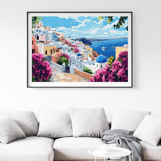 Mys Aurora 500 Pieces Puzzles for Adults, Santorini Wooden Puzzles, Unique Shaped Jigsaw Puzzle Birthday Scenery Gift Challenging Family Game for Kids and Adults 17.8 * 11.3 inch