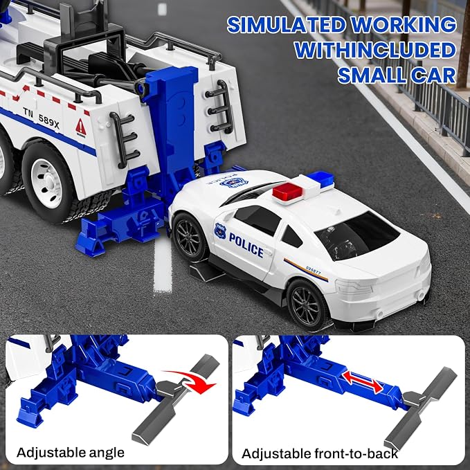 Crane Tow Truck Toy for Car Truck Rescue Police Pickup Road Clearance Vehicle Construction Vehicles Lights Sounds Christmas Birthday Easter Gift for Kids Boys 3 4 5 6 7 8 Years Old Double Hook