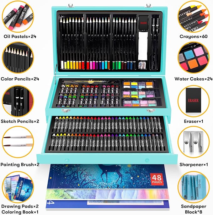 iBayam Art Supplies, 150-Pack Deluxe Wooden Art Set Crafts Drawing Painting Kit with 1 Coloring Book, 2 Sketch Pads, Creative Gift Box for Adults Artist Beginners Kids Girls Boys