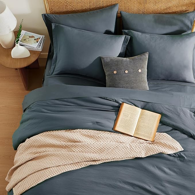 WRENSONGE Full Size Comforter Set- 7 Pieces Blue Grey Bed in a Bag Full Size Comforter with Fitted Sheet, Flat Sheet, 2 Pillow Shams, 2 Pillowcases, Warm Bedding Sets for All Season