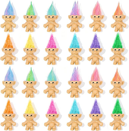 30 Pcs Long-Haired Lucky Mini Troll Dolls - 4" Vintage Style Action Figures (0.8" Body) with Colorful Hair. Small Toys for Kids Goodie Bag Fillers, Classroom Prizes, Pinata Stuffers & Cake Toppers