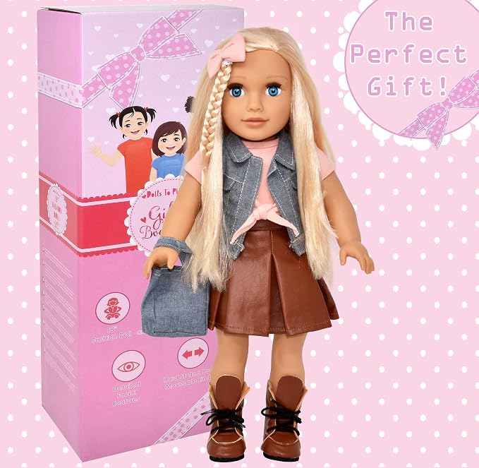 Gift Boutique 18 Inch Girl Doll, Fashion Doll with Fine Blonde Long Hair for Styling, Blue Eyes, Leather Boots, Denim Jacket Hair Bow Handbag, Clothes and Accessories Princess Doll for Kids
