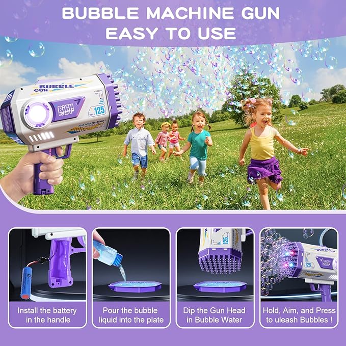 Deserthome Bubble Gun, 125 Holes Bubble Machine Gun, Bubble Blaster Gun for Kids, Rechargeable Bubble Gun with Bubble Solution, Easter Toy Party Favors Bubble Maker for Wedding Birthday (Purple)