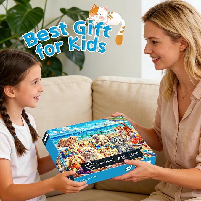 Puzzles for Kids Ages 6-8 8-10, 200 Piece Jigsaw Puzzles for Kids and Adults - Beach Kitten, Learning Educational Puzzles Toys for Boys and Girls