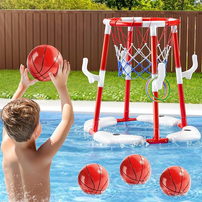 JUKUDAHU Swimming Pool Basketball Hoop Toy for Kids 2 3 4 5 6 Years Old - Floating Pool Basketball Game Toys with 4 Balls Air-Pump, Outdoor Play, Poolside Summer Water for Boys Girls Age 4-8-12 (Red)