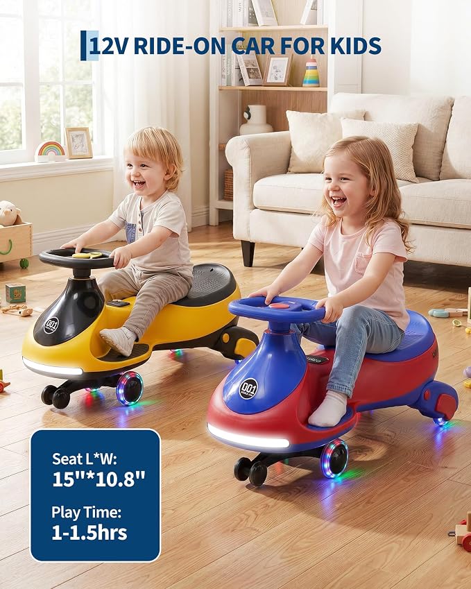 Garvee 12V Electric Wiggle Car for Kids, 2 in 1 Swing Car with Pedal, Anti-Rollover, Max Load 130Lbs,Flashing Wheels, Music,Rechargeable Battery Ride on Toy Indoor Outdoor for Toddlers, Yellow