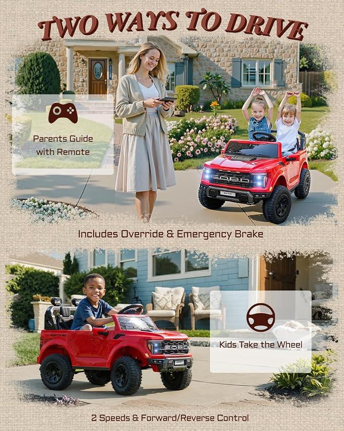 First Ride On 24V 2 Seater Ride on Toys for Kids, Licensed Ford F-150 Raptor Kids Electric Vehicles w/Remote Control, Power Pedal and Durable Wheels, LED Lights, Bluetooth, Truck Bed Storage (Red)