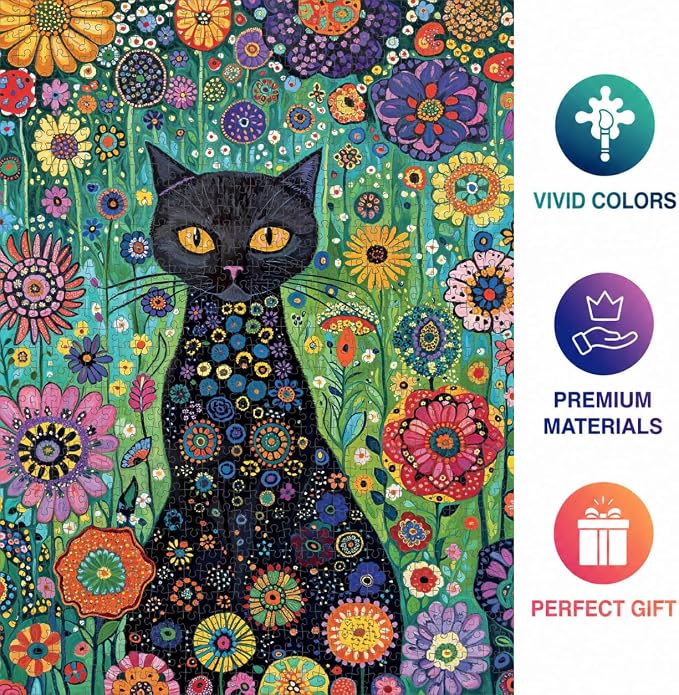Cross & Glory | 1000 Piece Jigsaw Puzzles for Adults | Petals and The Midnight Cat | 1000 Piece Puzzle for Adults Cats & Floral | Satin Finish | Ages 14+