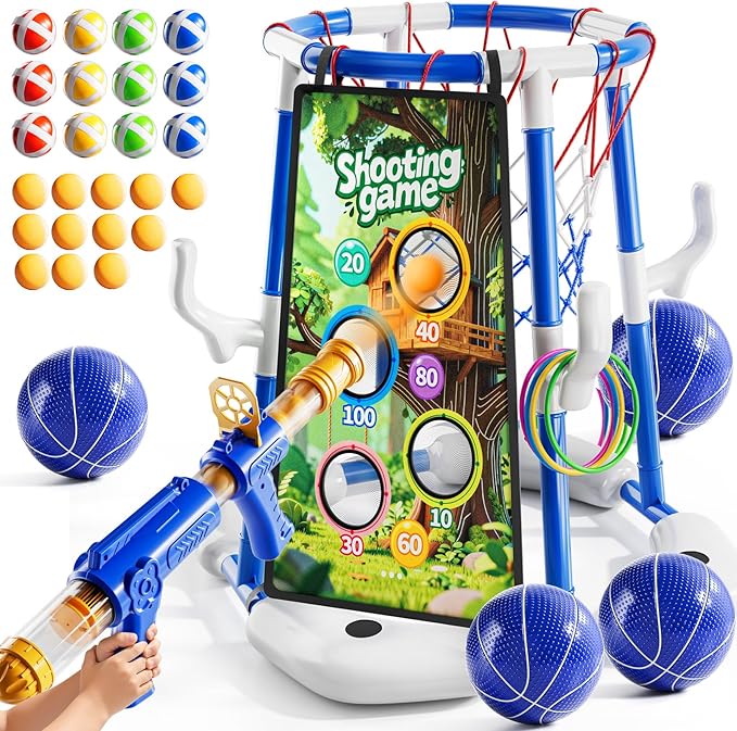 NIPLOOOW Pool Basketball Hoop, 4-in-1 Floating Pool Toys Ring Game with 4 Balls, Air Pump Launcher and Sticky Balls, Outdoor Swimming Pool Basketball Game Water Toy Family Party for Kids Age 3-12