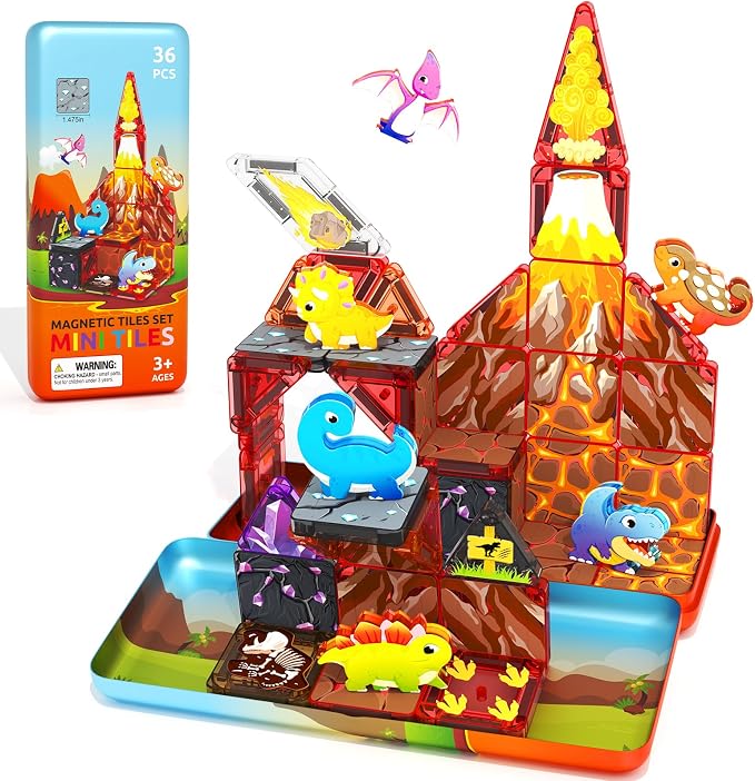 36PCS Mini Magnetic Tiles Dinosaur Kids Toys with Case - Toddler Travel Essentials Outdoor Set, Magnetic Blocks Montessori Preschool Sensory Building Toys for 3 4 5 Year Old Boys