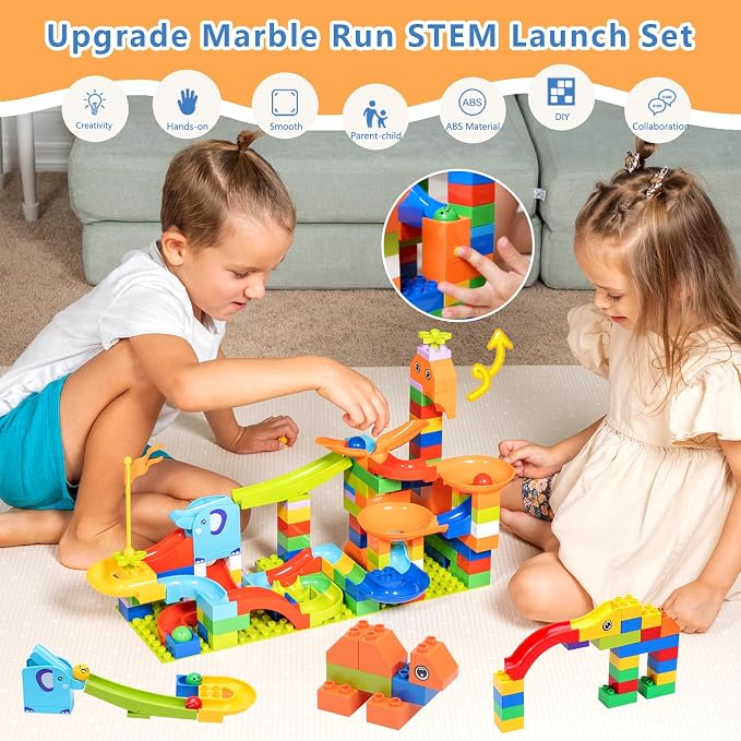 COUOMOXA Marble Run Building Blocks for Kids: STEM Educational Toys for 3 4 5 6 7 8 Years Old Kids - Catapult Track Set Compatible Classic Blocks Age 3-5 4-8 - Birthday Gifts Boys Girls