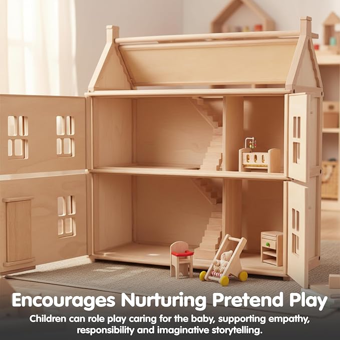 PlanToys® Wooden Nursery Dollhouse Furniture Set for Kids | Montessori Small World and Caregiving Pretend Play | Eco Friendly Wooden Dollhouse Baby Room Set for Imaginative Play