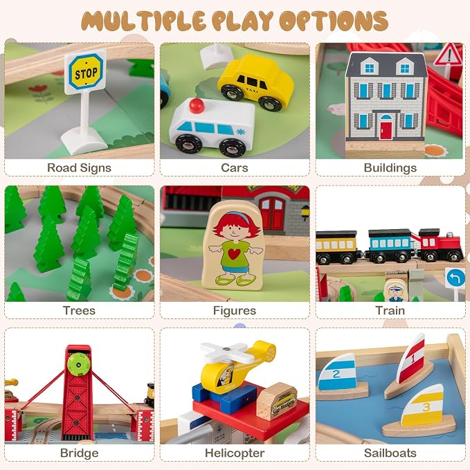 Costzon Train Table, 3-in-1 Wooden Activity Table W/ 3 Storage Bins, Reversible 94 PCS Track Train Toys & Table Map for Building, Playing, Studying, Eating, Kids Train Set Table for Boys Girls Aged 3+