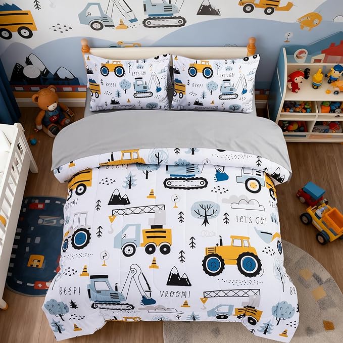 Holawakaka Trucks Tractors Cars Boys 5-Piece Bedding Comforter Sheet Set,Twin Size Cartoon Construction Car Excavator Print Kids Bed in A Bag, Excavator Mixer Truck Printed Bed Sets (White Twin)
