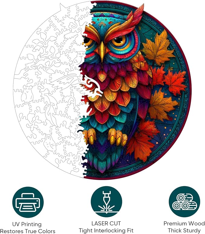 Mocfesk Wooden Puzzles for Adults, Colorful Owl Puzzles 200 Pieces, Unique Shaped Jigsaw Puzzles for Adults and Kids, Birthday Gifts Fun Challenge Family Game 11.2'' x 11.2''