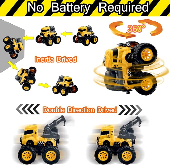 Construction Truck Toys for Boys - 4 Pack Excavator, Mixer, Crane, Dump Trucks Push and Go Friction Powered Cars Monster Trucks Toy for Kids Birthday Party Favors Gifts for 3+ Year Old Boys Girls