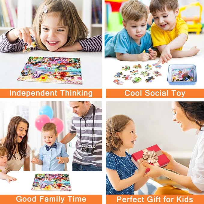MZZOTOY Mermaid Unicorn Puzzles for Kids Ages 4-8, 100 Pieces Jigsaw Puzzles for Kids Ages 3-5 Puzzle for Girls and Boys Learning Educational Puzzles Toys in a Metal Box