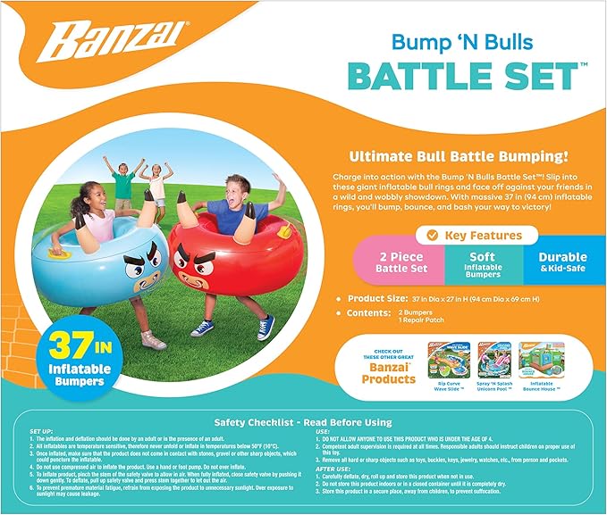 Banzai: Bump ‘N Bull Battle Set - Red & Blue, 2 Inflatable Body Bumper Toys, 37" Animal Ring Boppers, Bouncer Grip Handles, Outdoor Game Play, Kids 4+