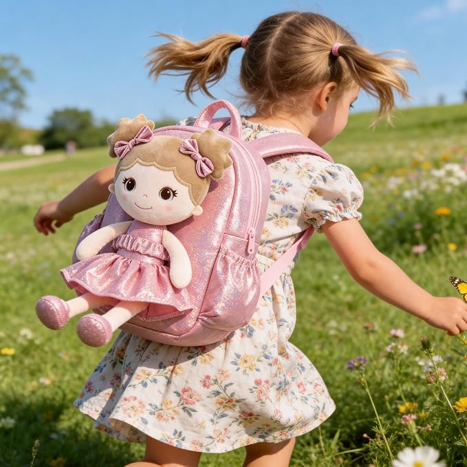 Lazada Toddler Backpack - Baby Girl Gifts Curly Fingerprints Plush Doll Dress Backpack - Fashion Girls Curly Rolled Fingerprints Series - Apricot Pink 11 Inches
