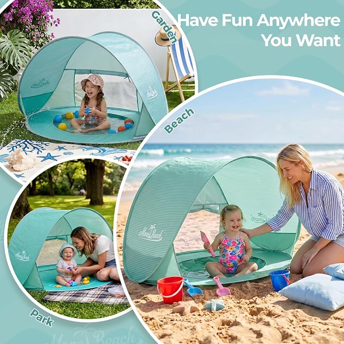 Monobeach Baby Beach Tent with Pool: Green Pop Up Sun Shade Tent for Toddler, UV Protection Portable Outdoor Shelter, Foldable Camping Canopy for Beach, Backyard & Travel