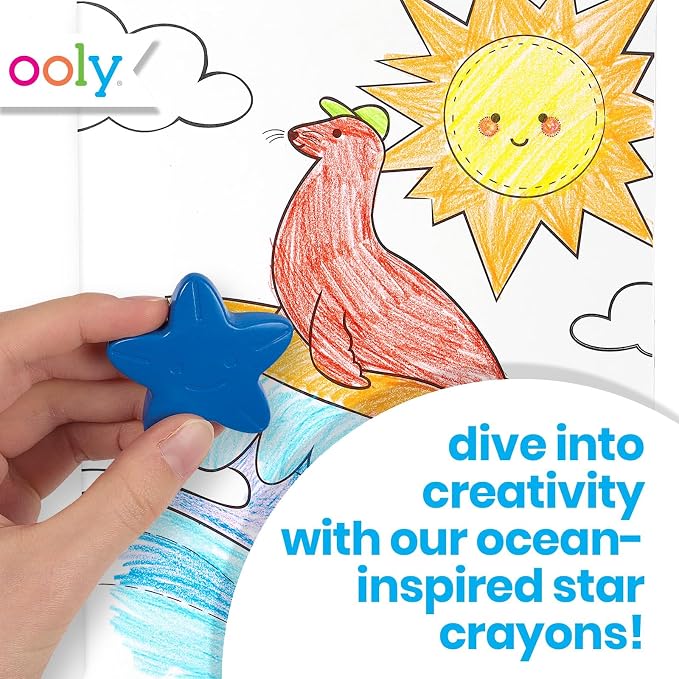 Ooly Stars of the Sea Star Shaped Chunky Crayons for Toddlers and Little Hands Set of 6, Non-Toxic Star Shaped Easy to Hold Crayons for Young Children, No Rolling Crayon, Gifts for Kids