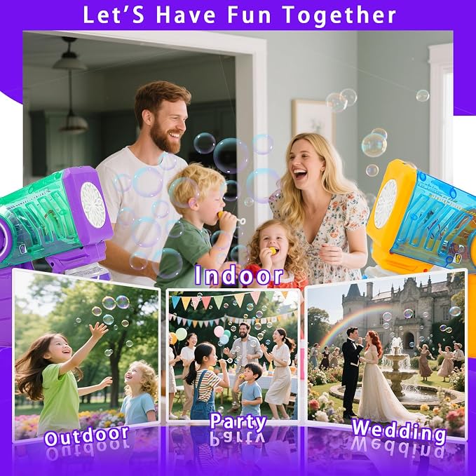 Bubble Machine Gun for Kids 2 Packs, with LED Lights & Solution,Suitable for Boys and Girls Aged 3 and up, Outdoor and Indoor Birthday and Wedding Party Toy, Gift(Yellow&Purple)