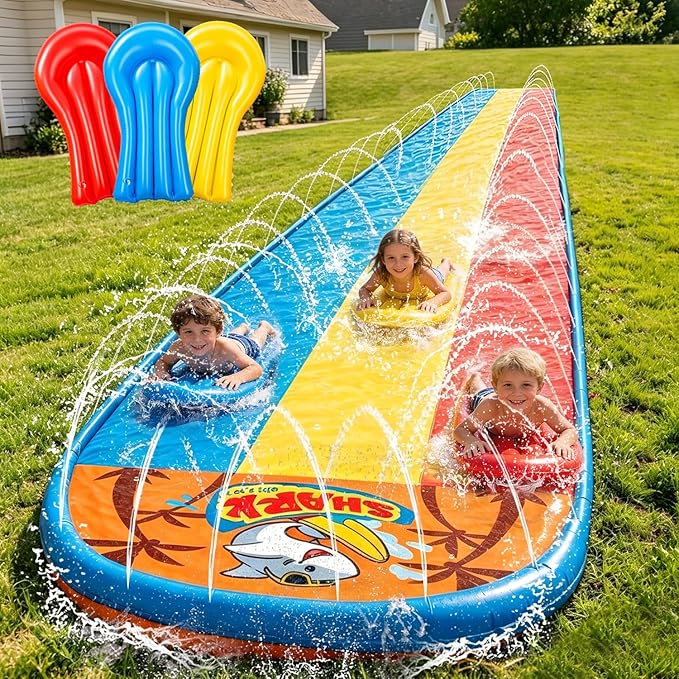 23FT Triple Water Slide with 3 Inflatable Bodyboards, Lawn Slip Splash Slide with Built-in Sprinkler, Backyard Outdoor Summer Water Toy for Kids and Adults